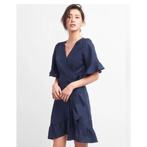Gap Navy Linen Wrap Dress Ruffle Hem and Flutter Sleeve Minimalist Lagenlook